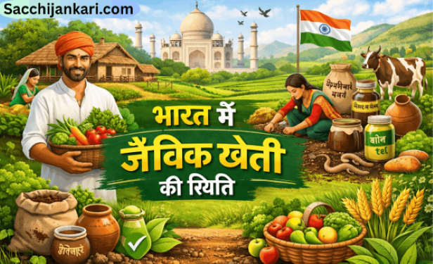 भारत में जैविक खेती वह कृषि पद्धति है जिसमें फसलों के उत्पादन के लिए रासायनिक उर्वरकों, कीटनाशकों और खरपतवारनाशकों का प्रयोग नहीं किया जाता, बल्कि उनके स्थान पर प्राकृतिक संसाधनों जैसे गोबर की खाद, कम्पोस्ट खाद, हरी