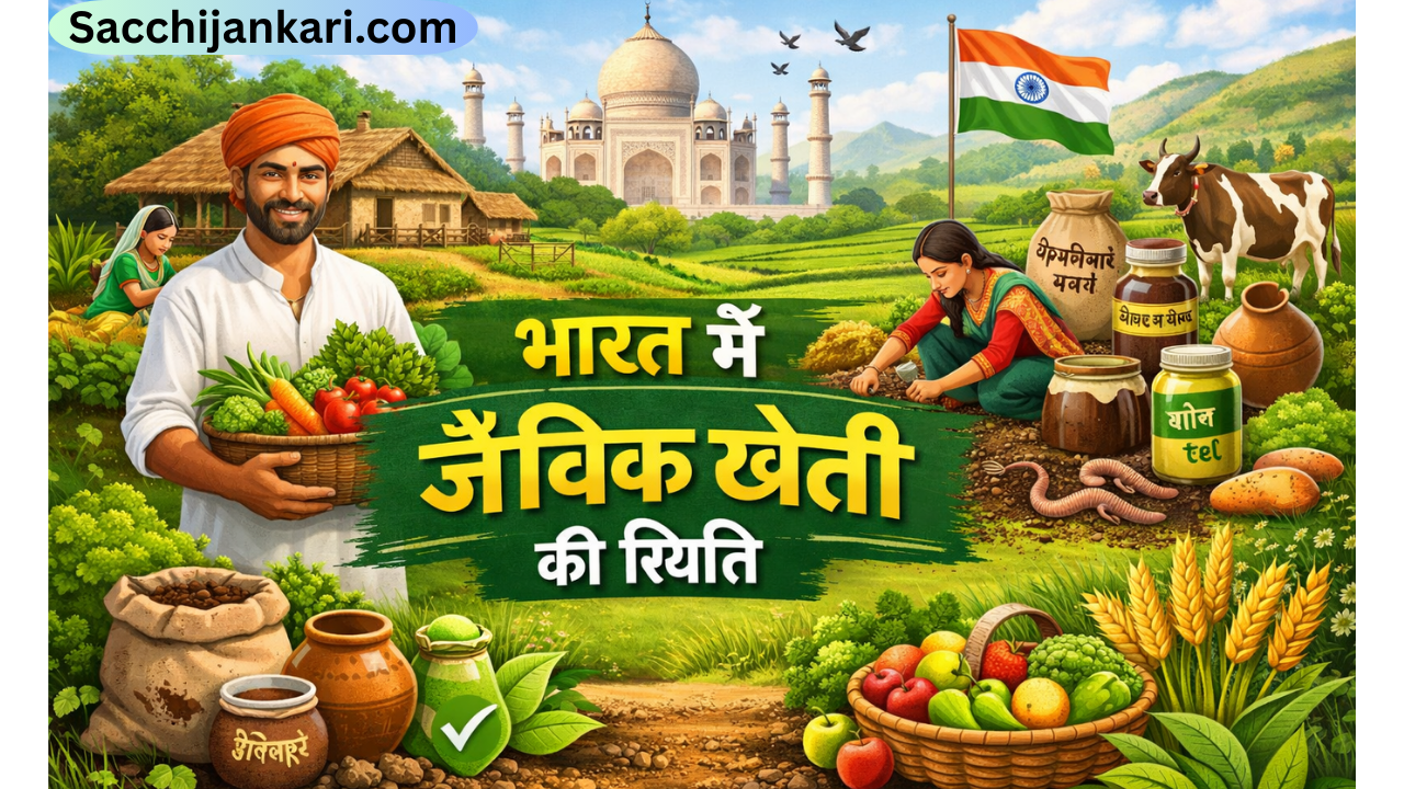 भारत में जैविक खेती वह कृषि पद्धति है जिसमें फसलों के उत्पादन के लिए रासायनिक उर्वरकों, कीटनाशकों और खरपतवारनाशकों का प्रयोग नहीं किया जाता, बल्कि उनके स्थान पर प्राकृतिक संसाधनों जैसे गोबर की खाद, कम्पोस्ट खाद, हरी खाद, जीवाणु खाद और जैविक कीटनाशकों का उपयोग करके मिट्टी की उर्वरता बनाए रखते हुए स्वस्थ एवं पर्यावरण-अनुकूल खेती की जाती है।