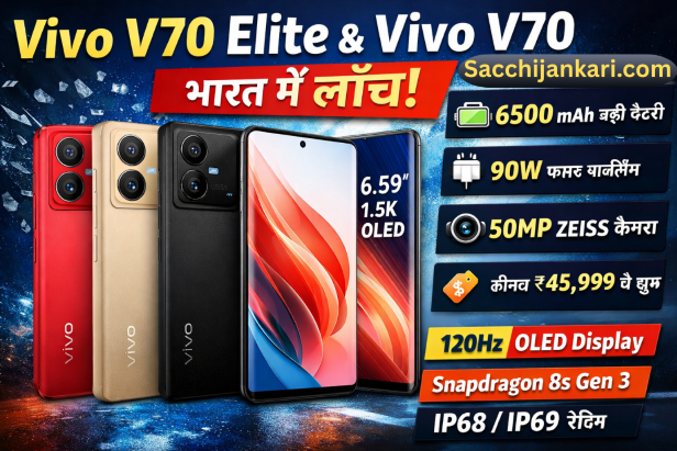 Vivo ने भारतीय स्मार्टफोन बाजार में अपनी V सीरीज को और मजबूत करते हुए Vivo V70 Elite और Vivo V70 को आधिकारिक रूप से लॉन्च कर दिया है। यह दोनों फोन प्रीमियम सेगमेंट के यूज़र्स को ध्यान में रखकर तैयार किए गए हैं, जिनमें ZEISS कैमरा ब्रांडिंग, दमदार बैटरी और हाई-एंड डिस्प्ले जैसी खूबियाँ दी गई हैं।